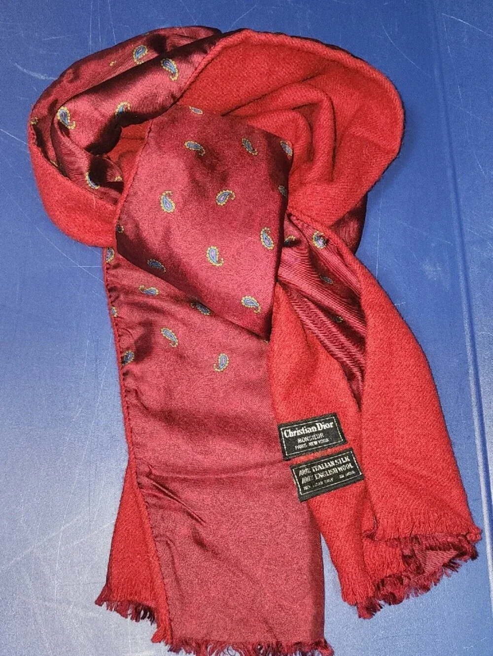 Vintage Christian Dior Authenticated Red Paisley Silk & Wool Scarf